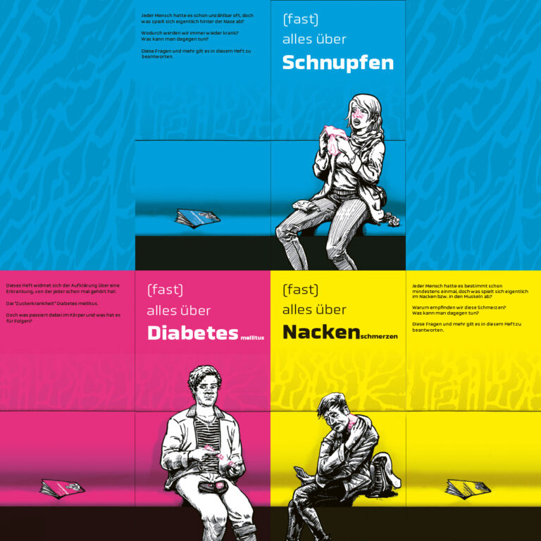 CMYK Cover Nebeneinander Übereinander Menschen auf Bak im Wartezimmer